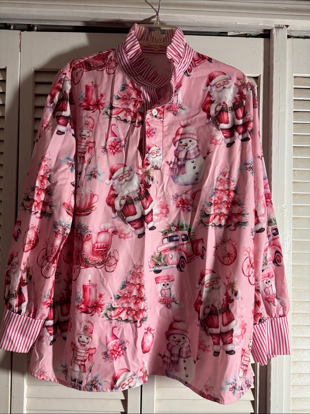 Pink Holiday Print Shirt - Festive Santa & Snowman Design
